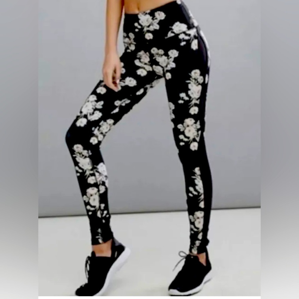 Free People Movement Liza Black & Pink Floral Leggings W Mesh Side SMALL